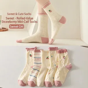Five-pack Japanese style cotton crew socks with sweet strawberry and rabbit embroidery