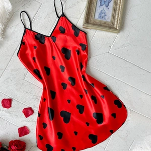 Elegant red silk slip nightdress with heart prints and delicate lace-up V-neckline