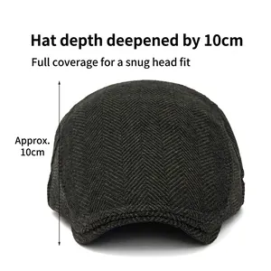 Classic herringbone wool flat cap for men in brown featuring 10cm depth and newsboy style