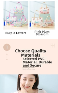 Detail of waterproof PVC toiletry bags with purple lettering and pink plum prints