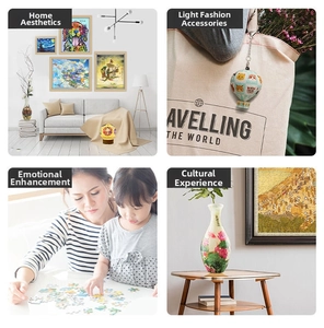 Detailed views of custom jigsaw puzzles featuring famous art and pet portraits for adults