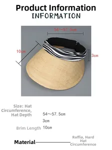 Detailed dimensions of raffia straw sun visor with zebra print elastic headband