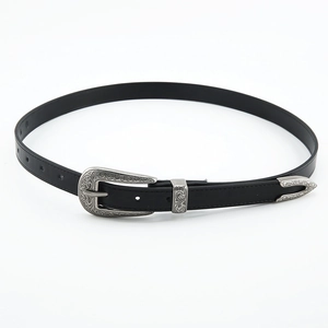 Vintage black leather belt with engraved antique silver western buckle for denim jeans