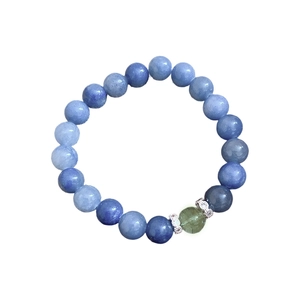 Elegant blue crystal beaded bracelet featuring light green stone and silver rhinestone spacers