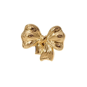 Minimalist gold bow ring in stainless steel with a high-gloss finish on a white background