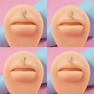 16G gold plated stainless steel labret stud set with curved opal and clear cubic zirconia