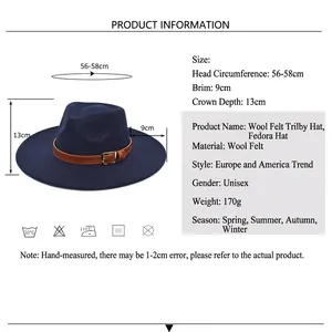 Chapeau fedora en feutre de laine bleu marine avec boucle marron et large bord pour unisexe