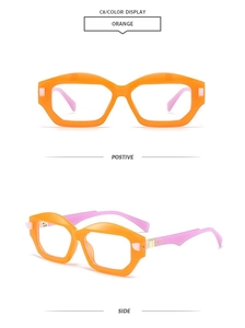 Front and side views of bright orange polygon frame sunglasses with pink temples