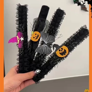 Halloween Spitzen-Stirnbänder Set mit Kürbis- und Zauberhut-Pailletten-Deko