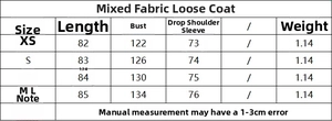 Detailed size chart for loose blend coat including length, bust, and sleeve measurements