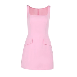 Abito corto rosa attillato con scollo quadrato e tasche con patta decorative da donna