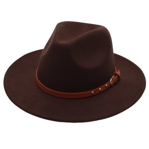Classic dark brown wool fedora hat with a leather belt buckle strap shown in a side view