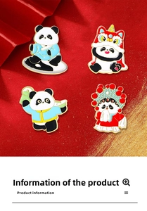 Detail of colorful enamel panda pins featuring lion dance and traditional opera motifs