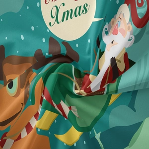 Close-up of thick festive flannel fabric texture with Christmas Santa and reindeer prints