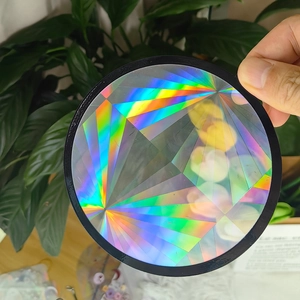 Macro shot of circular rainbow suncatcher prism filter with black frame and light diffraction