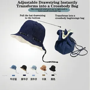 Packable Denim Bucket Hat Cotton Adjustable Drawstring Reversible Sun Protection Multi Functional Fashion Unisex Outdoor