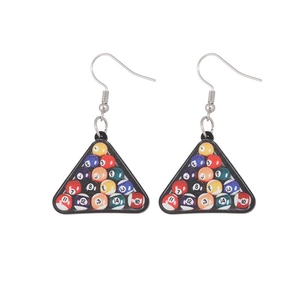 Detailed view of novelty billiard triangle earrings with colorful numbered miniature pool balls