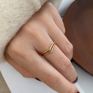 Double Layer V Shape Ring Titanium Steel 18K Gold Plated Minimalist Geometric Non-Fading Fashion Jewelry For Women