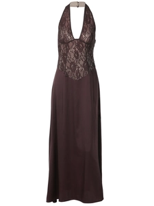 Brown halter maxi dress featuring deep V-neck lace bodice and sleek satin skirt