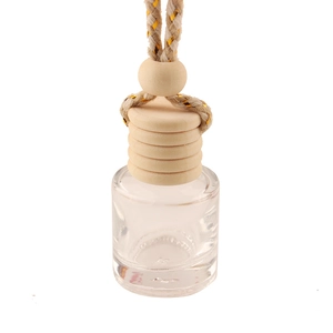 Hanging cylindrical glass car perfume bottle with wooden cap and braided cord for essential oils