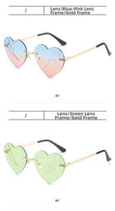 Detail view of heart-shaped rimless sunglasses with blue-pink and green gradient lenses