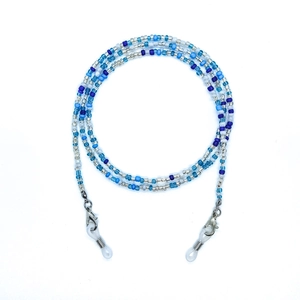 Detail of colorful blue and white beaded glasses chain with silver lobster clasps