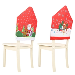 Christmas chair covers featuring Santa and Snowman prints on white wooden chairs