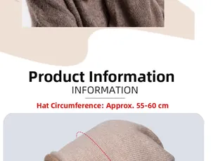 Detail of knitted beanie showing 55-60cm head circumference size and thick soft texture