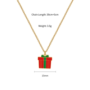 Christmas gift necklace with red and green enamel gift box pendant in gold titanium steel