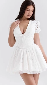 Vue détaillée de la mini-robe en dentelle blanche avec décolleté en V et manches bouffantes