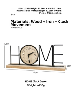 Detailed dimensions of HOME letter desktop clock in wood and black iron frame