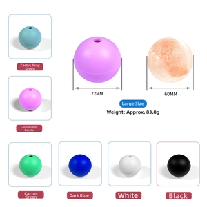 Detailed size and color chart for silicone ice sphere molds in various vibrant finishes
