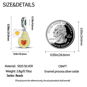 Detail view of S925 silver avocado and fried egg charm with precise size measurements