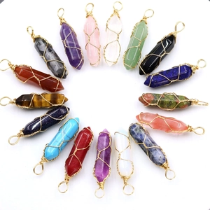 Macro display of hexagonal crystal pendants wrapped in gold wire arranged in a circle