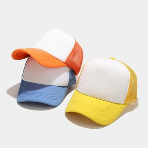 Close-up of three colorful two-tone mesh trucker hats with breathable back and curved brim