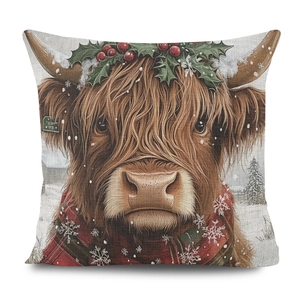 Housse de coussin en lin avec motif vache Highland, houx et écharpe à carreaux rouges