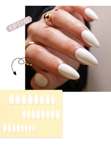 Detailed view of white almond press-on nails with glossy finish and full set layout