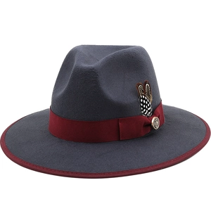 Vintage British Style Dark Gray Fedora Hat Wide Brim Cotton Jazz Hat With Feather Ribbon And Metal Badge For Men Women