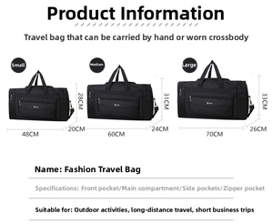 Detailed size chart for nylon travel bags in Small, Medium, and Large dimensions