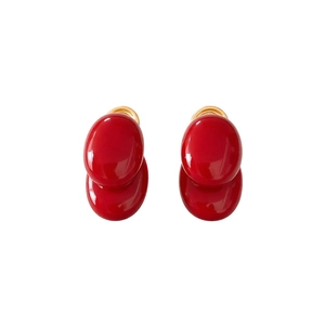 18K gold plated red double-layer oval stud earrings with elegant glossy finish