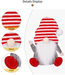 Detail display showing red striped knit hat, soft nose and feet of the Christmas gnome