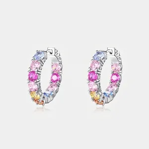 Colorful Cubic Zirconia Hoop Earrings 925 Sterling Silver Rainbow Geometric Sparkling Luxury For Women Fashion Jewelry