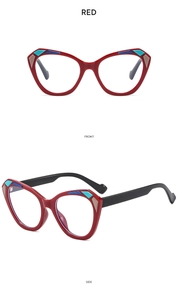 Detailed front and side views of red cat-eye glasses with blue geometric accents