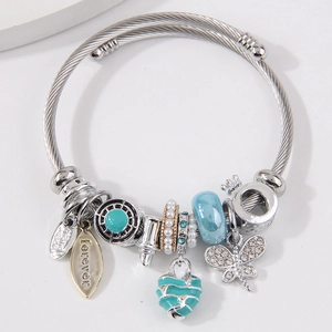 Heart Butterfly Crown Pendant Charm Bangle Stainless Steel Alloy Cable Twisted Wire Bracelet For Women Elegant