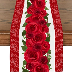 Red rose pattern table runner on wooden surface for Valentine dining room decor