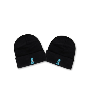 Two black knitted beanies featuring a small blue cartoon dinosaur embroidery in a minimalist style