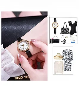 Styling guide for a slim rose gold ladies watch with a black leather strap and Roman dial