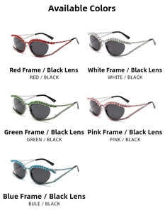 Detail view of five Y2K cat-eye sunglasses with colorful rhinestones in multiple colors