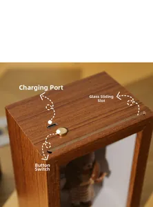 Close-up of wooden display box featuring Type-C port, metal button, and glass slot