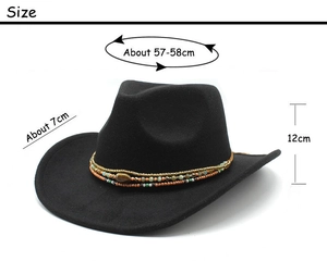 Detail of black western felt hat featuring colorful beaded band and 57-58cm size dimensions